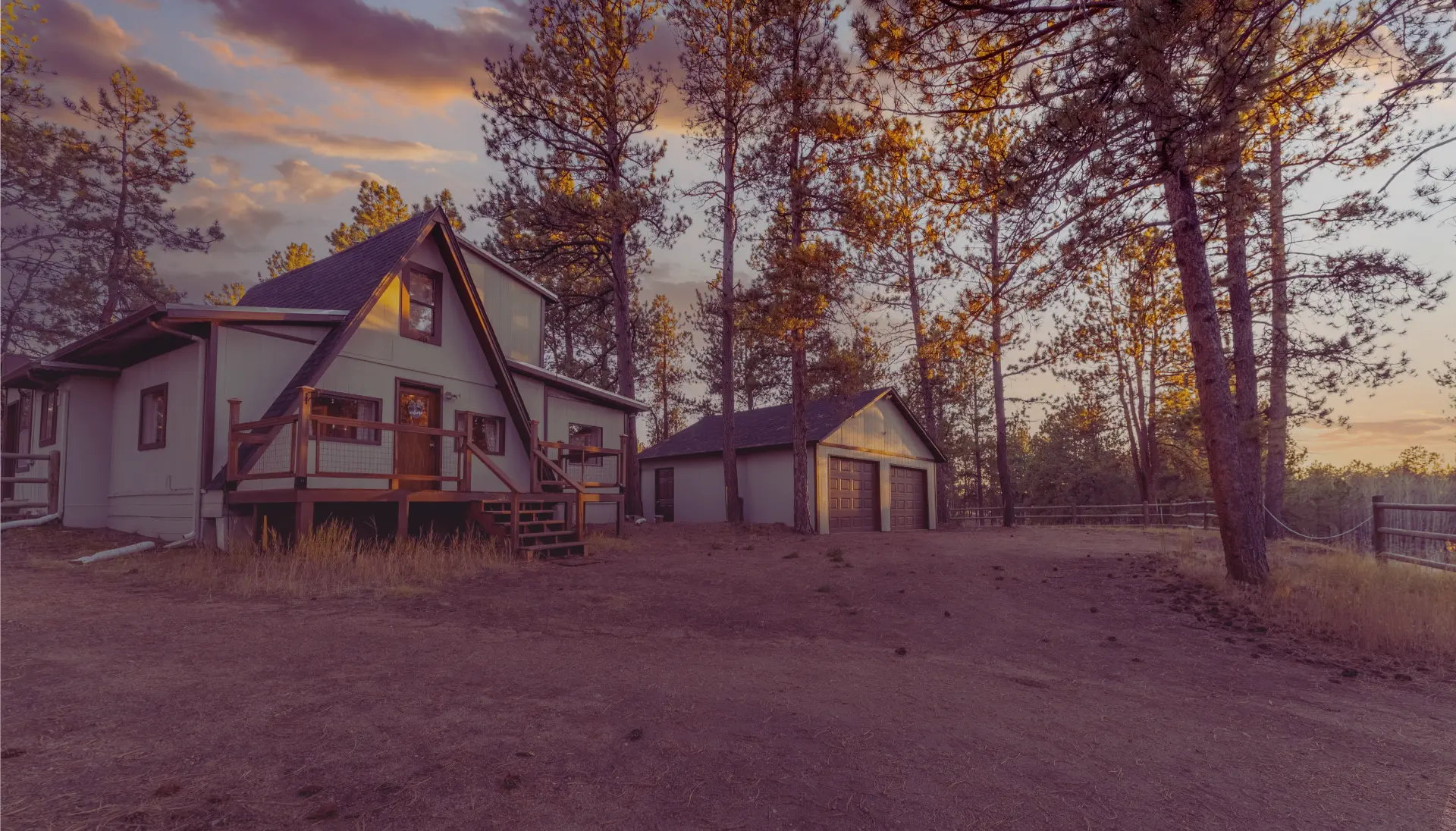 A-frame cabin at sunset in the Colorado foothills